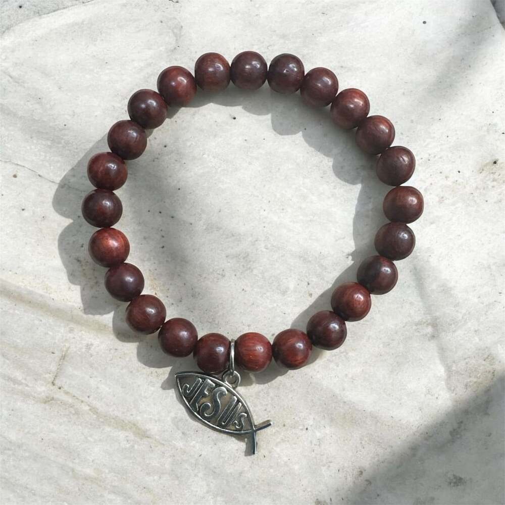 Unbranded Brown Wood Beaded Jesus Fish Charm Stretch Bracelet